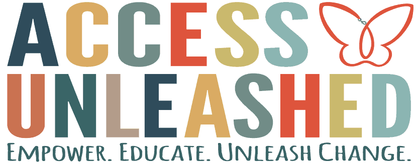 Access Unleashed logo with multicolored lettering and butterfly icon, representing empowerment, education, and advocacy for hidden disabilities