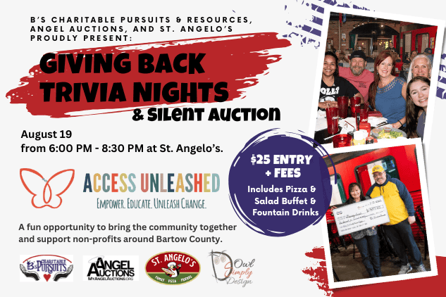Promotional flyer for Giving Back Trivia Nights and Silent Auction supporting Access Unleashed and local nonprofits at St. Angelo’s in Bartow County.