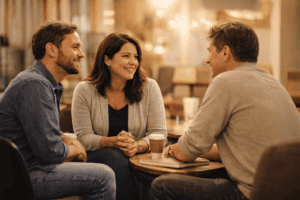 Three adults sitting together at a table having a supportive conversation, representing community connection and peer support for individuals with hidden disabilities.
