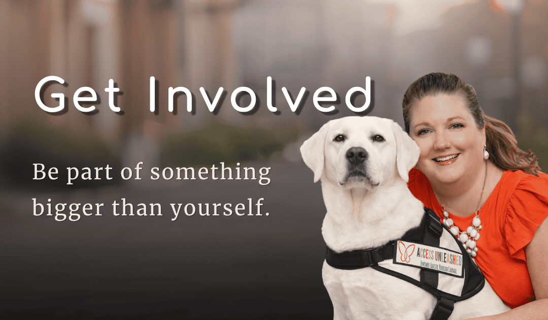 Woman with service dog promoting involvement and support for Access Unleashed.