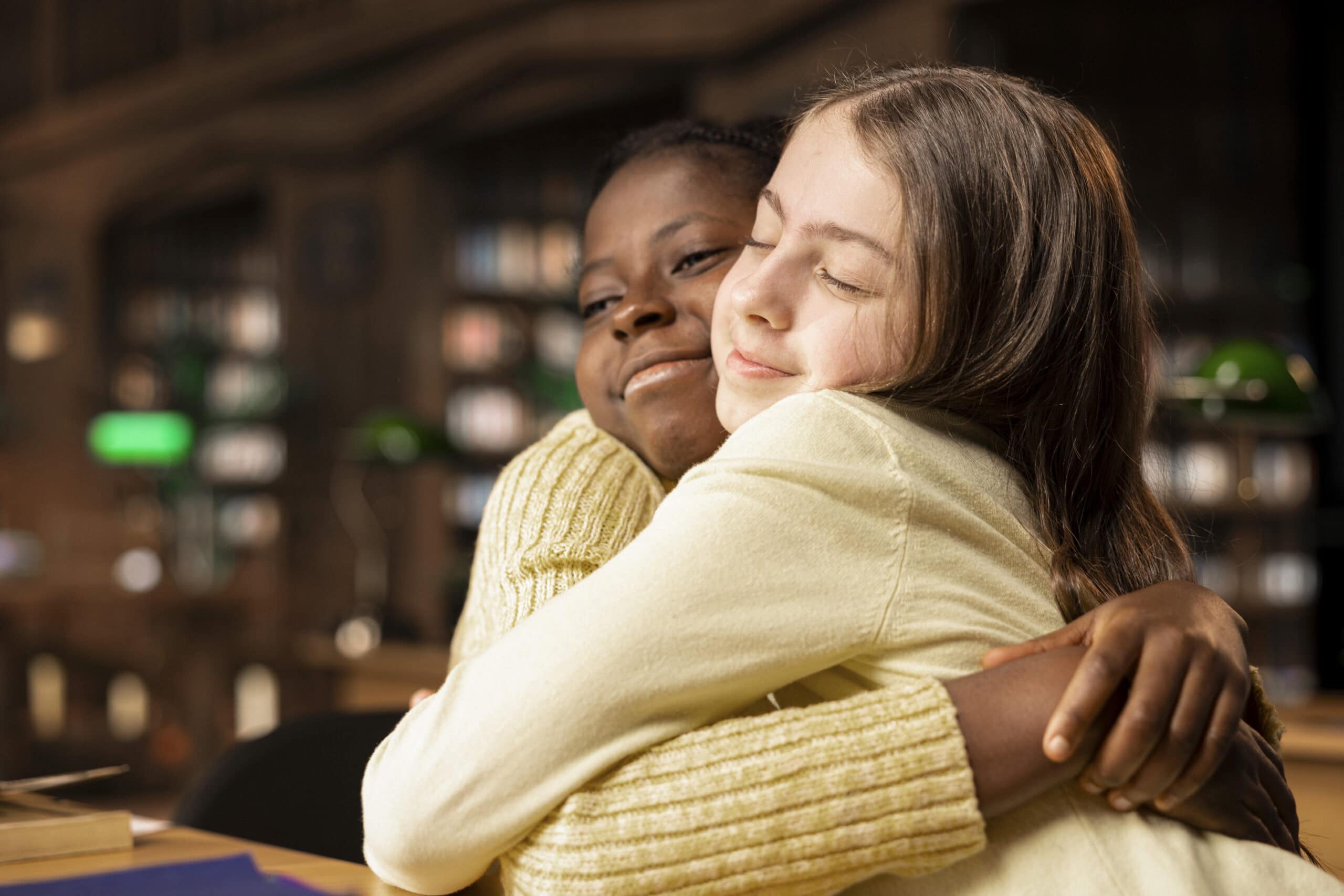 Two people hugging warmly in a library setting, representing support, empathy, and understanding