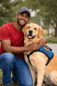 Man kneeling outdoors hugging a golden retriever service dog wearing a blue vest, both looking at the camera