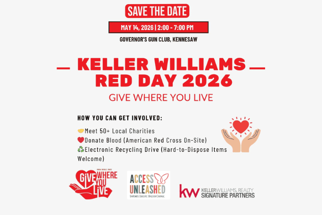 Promotional graphic for Keller Williams Red Day 2026 community event featuring Access Unleashed and local charitable involvement in Kennesaw, Georgia.