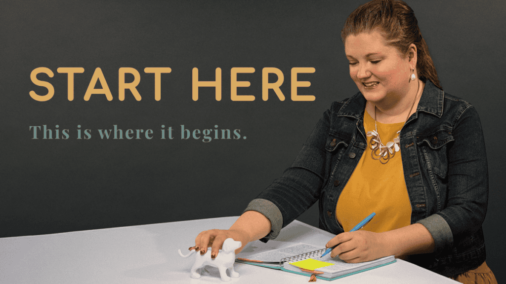 Woman sitting at a desk writing in a notebook with a small dog figurine nearby, with text that says “Start Here: This is Where the Story Begins”