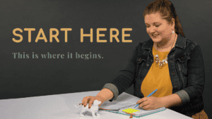 Woman sitting at a desk writing in a notebook with a small dog figurine nearby, with text that says “Start Here: This is Where the Story Begins”