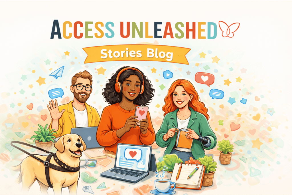Diverse group of people sharing stories with a guide dog and digital devices.