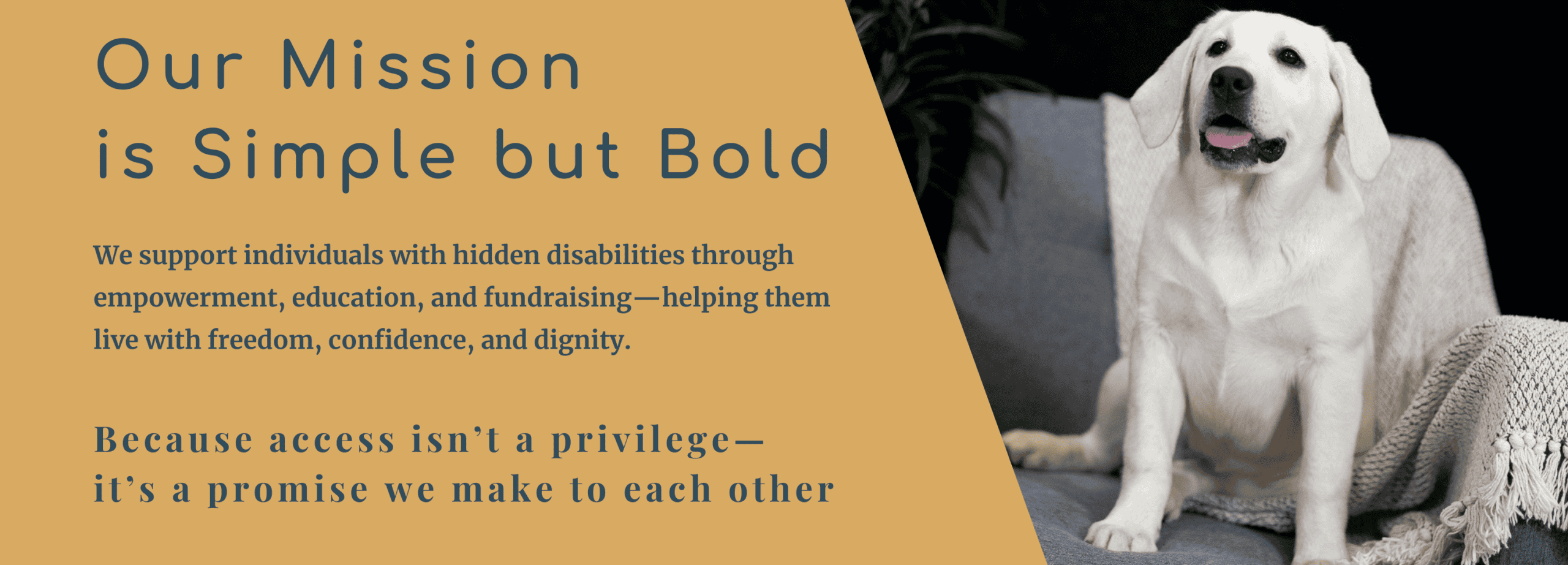 White English Labrador sitting on a couch beside text describing the Access Unleashed mission focused on empowerment, education, and fundraising for individuals with hidden disabilities