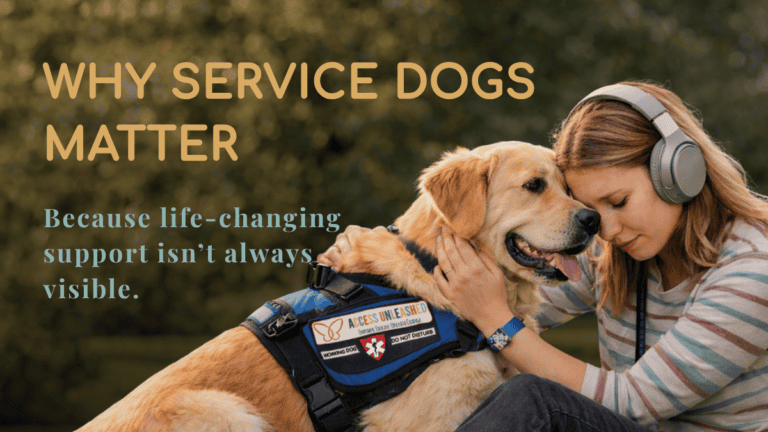 Woman with a service dog wearing a vest, showing emotional support.