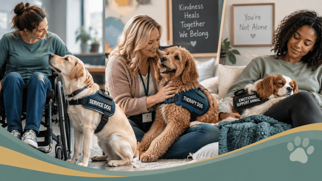 Service dogs assisting individuals with disabilities in a supportive environment.