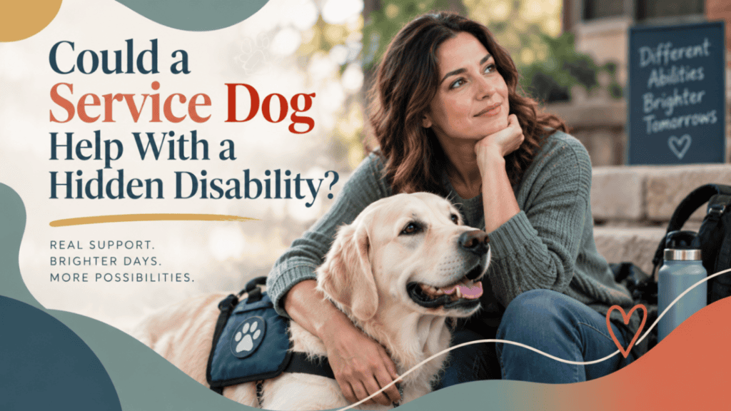 Woman with service dog supporting hidden disability awareness.